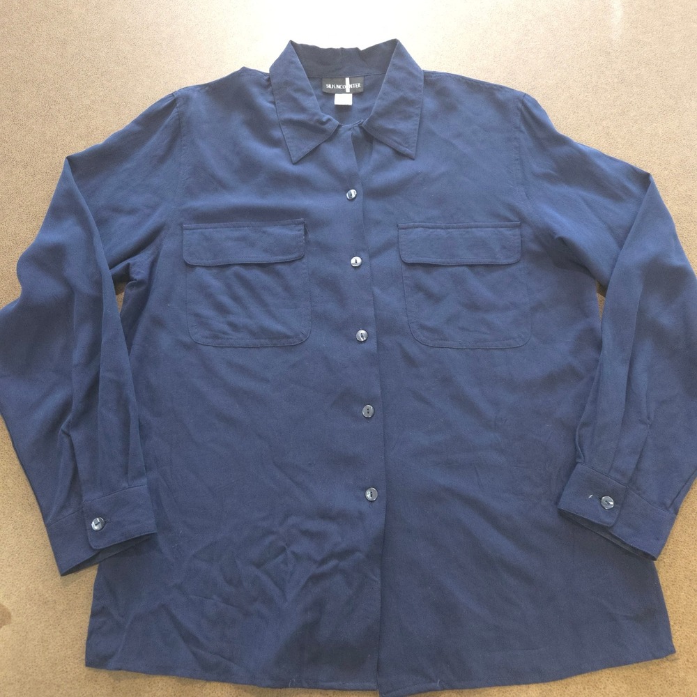 Silk Ncounter Button Up Shirt Large Womens Navy Blue Long Sleeve Utility Pocket